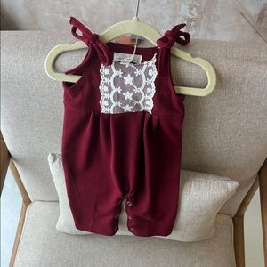 Burgundy Lace-Trimmed Kids Romper